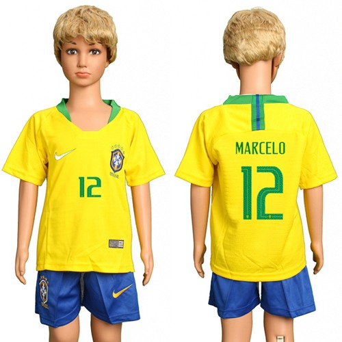 Brazil #12 Marcelo Home Kid Soccer Country Jersey - Click Image to Close
